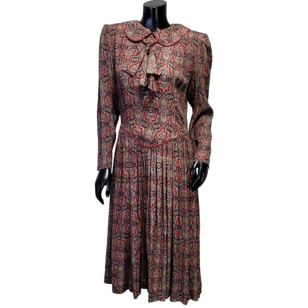Vintage Saks‎ Fifth Avenue The Kollection Paisley Midi Dress Red Blue 80s Retro